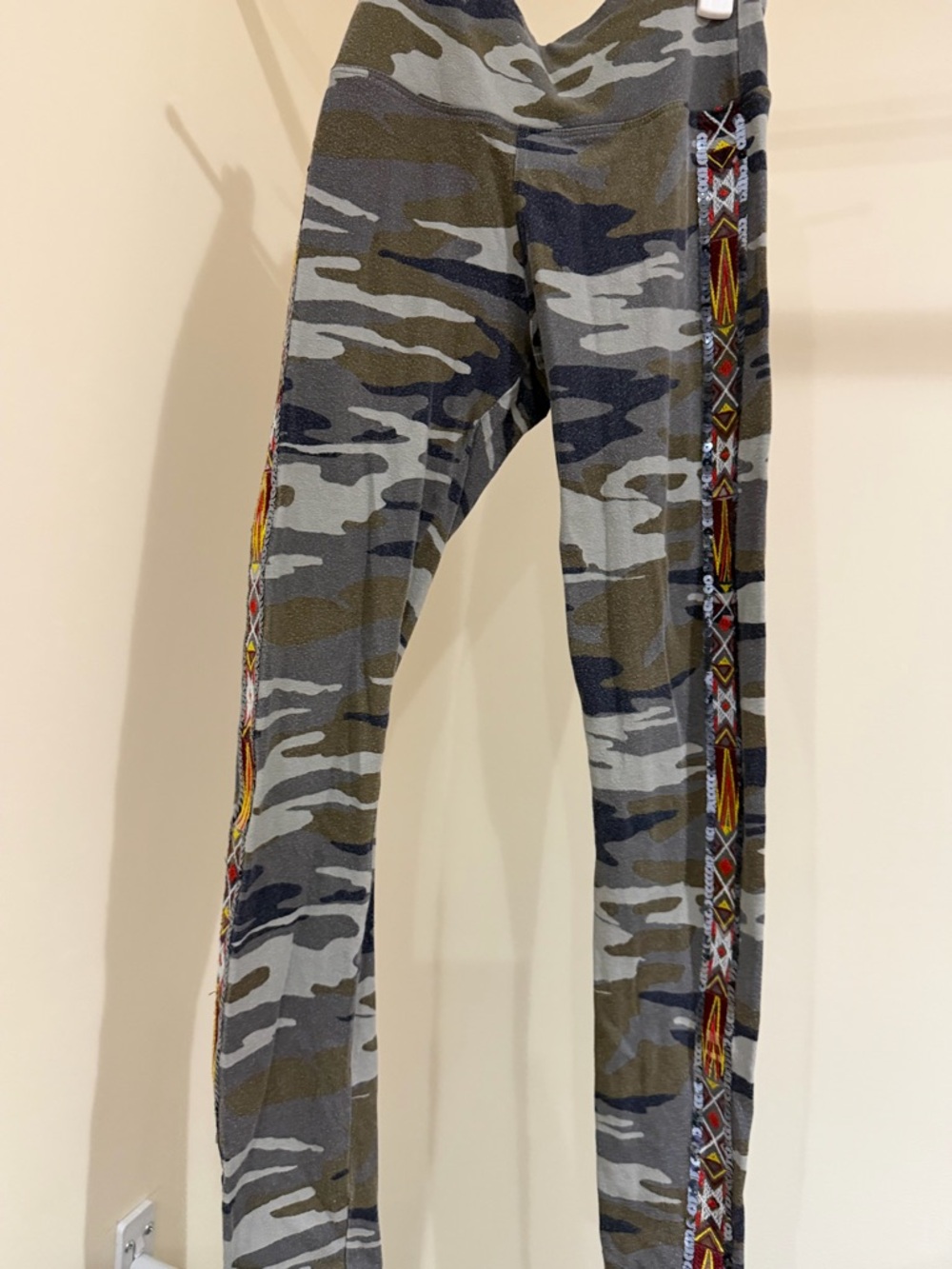 Express Olive and Gray Camo Leggings with Embroidered Side Trim